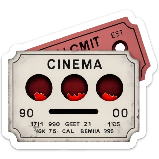 Minimalist emoji-style sticker of an old torn cinema ticket, blood-stained edges and burn holes, grayscale paper

 sticker