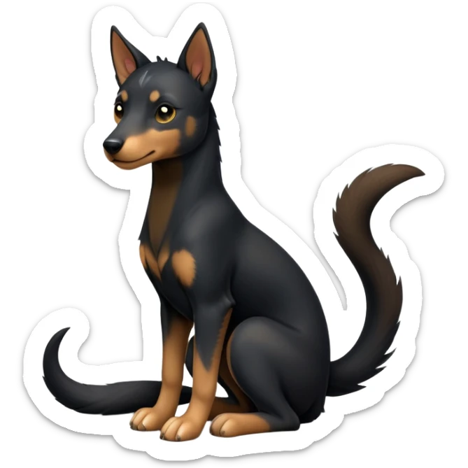 cinematic-[kelpie]-realistic-full-body-sitting-emoji,-tail-resting-loosely-beside-its-paws,-head-tilted-dramatically, -sleek-[Black and tan]-fur,-simplified-yet-realistic-focused-features,-highly-detailed,-glowing-with-an-almost-sarcastic-glow sticker