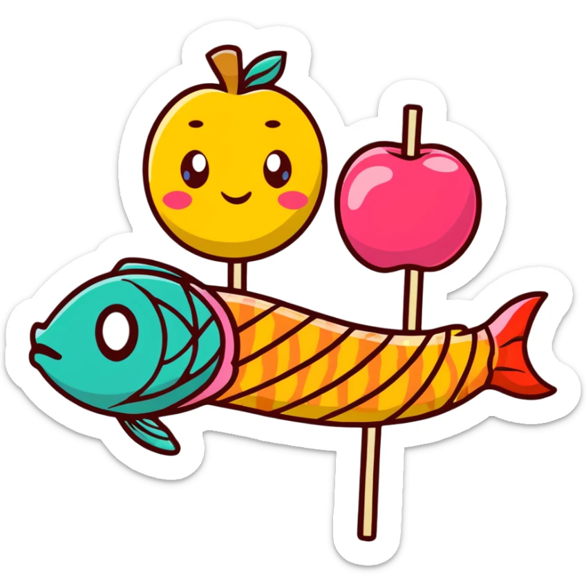 A cute arrangement of red apple, fish cake with pink swirl, rice cracker, and tri-colored dango skewer as a food snack collection sticker