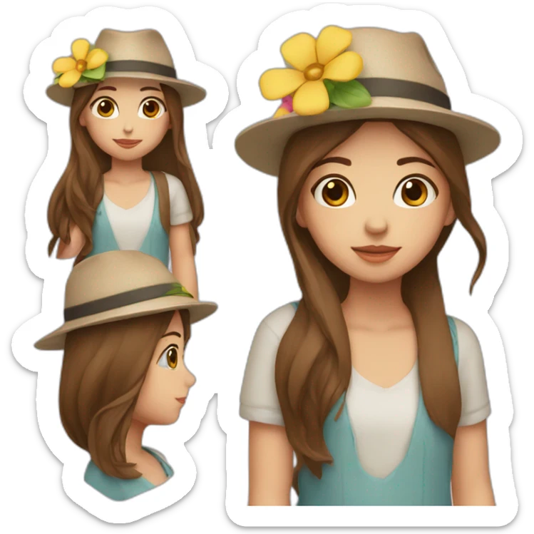 Girl with brown straight hair wearing a hat and a flower in her hand sticker