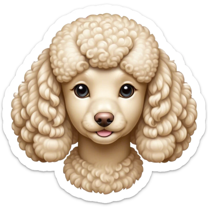 Cinematic Noble Cream Poodle Portrait Emoji, Poised and regal, with a refined, elegant build and a meticulously groomed, curly cream Fur, deep-set soulful warm eyes, Simplified yet sharp and sophisticated features, highly detailed, glowing with a soft, dignified glow, high shine, intelligent and graceful, stylized with an air of sophistication, focused and attentive, soft glowing outline, capturing the essence of a watchful and confident companion, so majestic it feels as though it could prance out of the screen with effortless authority! sticker
