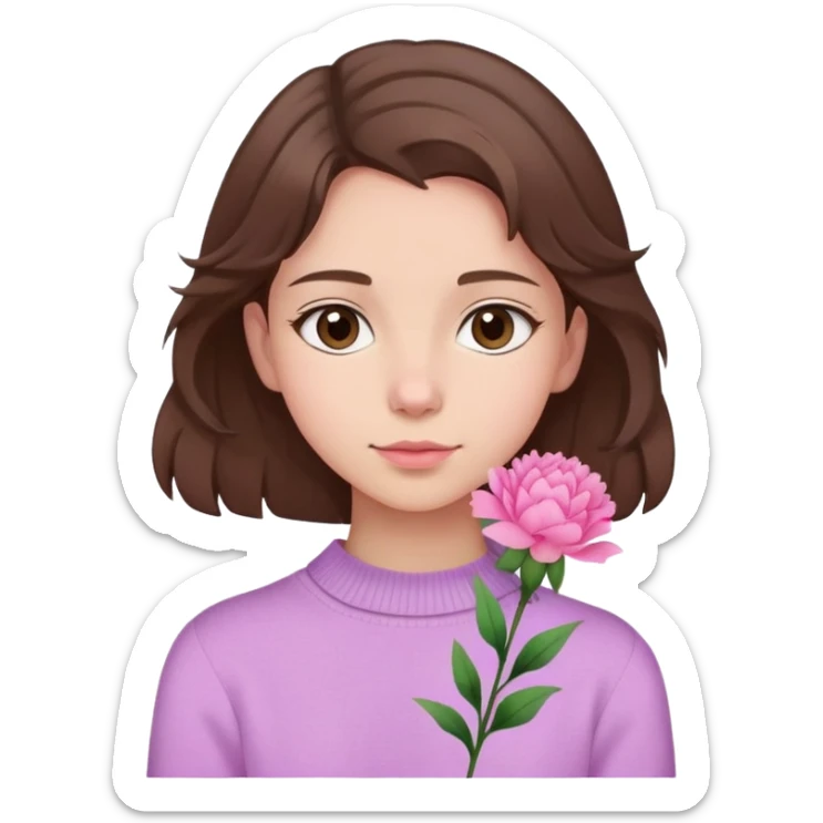  A girl with shoulder-length hair, a pink carnation behind her ear, and a light purple sweater, exuding a gentle aura. sticker