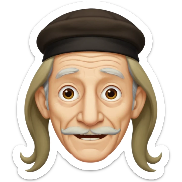 Jewish elderly man emoji with long hair on the sides and jewish hat, long big nose and crooked teeth sticker