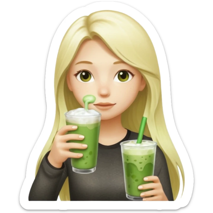 light blonde with long hair luxury girl drinking ice matcha latte sticker