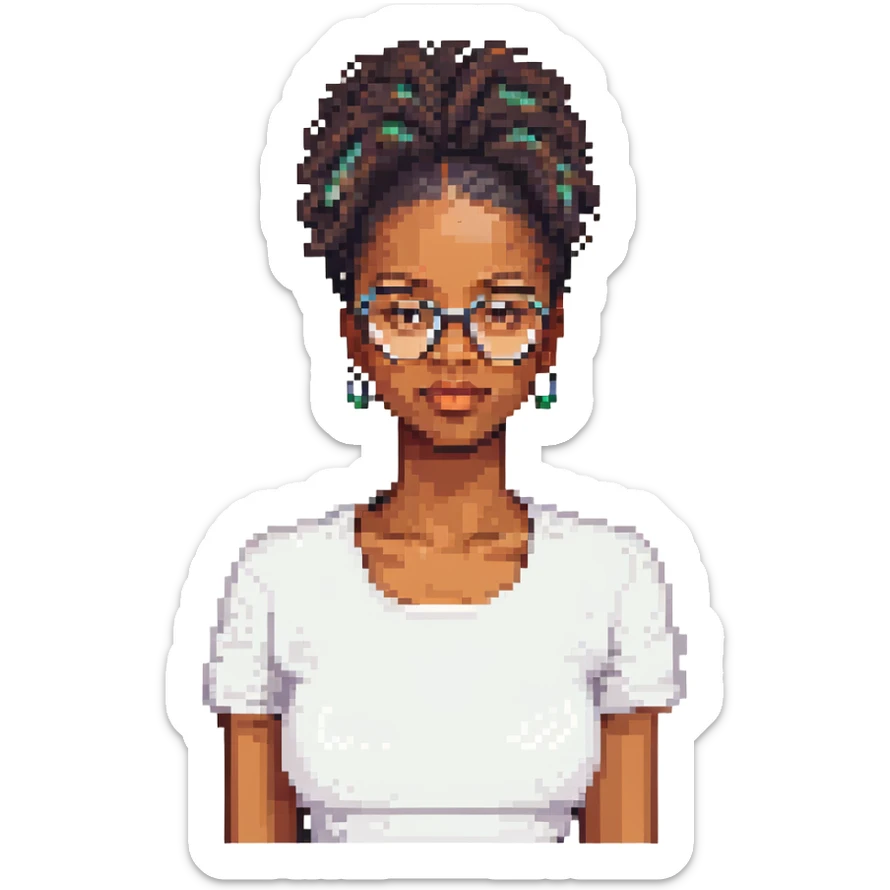 black woman with natural hair, wearing glasses, pixel art style sticker