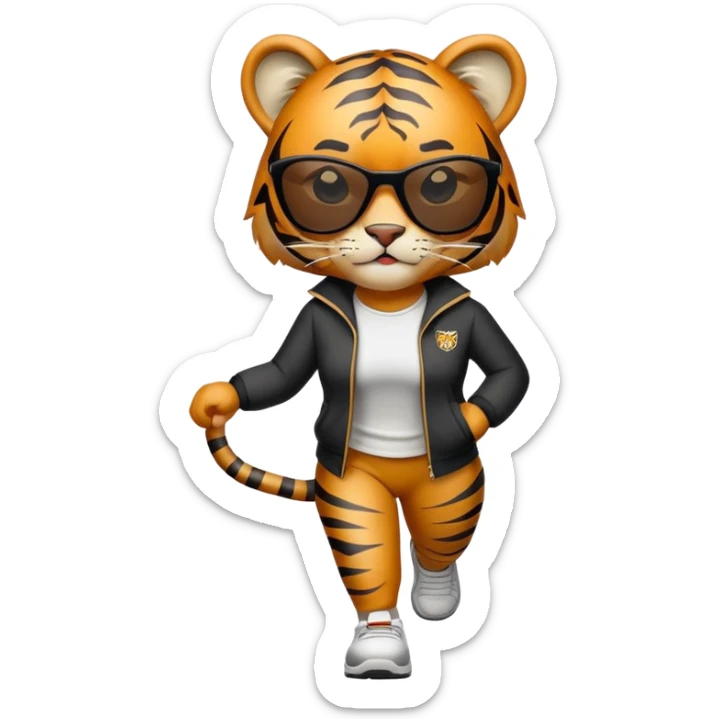 female energetic anthropomorphised tiger in sports clothes, wearing dark sunglasses, walking upright sticker