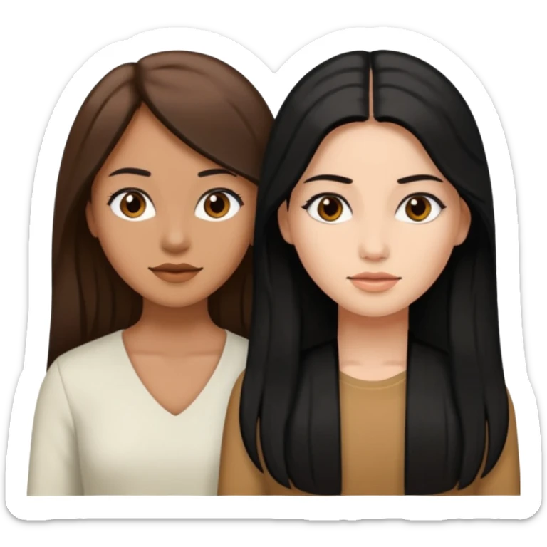 Dos mujeres juntas que una sea de color trigueña y de color blanca, cabello largo negro sea la de piel blanca y la de piel trigueña cabello castaño sticker