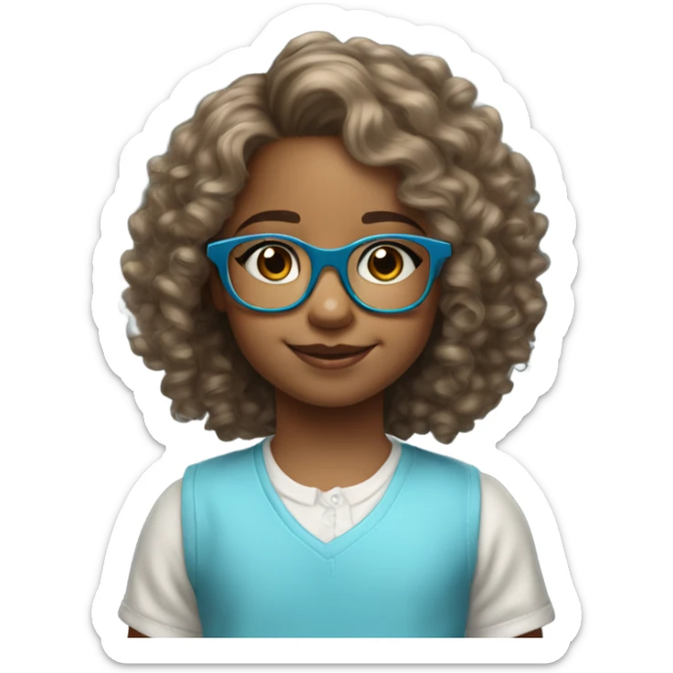6 year old little girl light skin hazel eyes wearing light blue glasses with medium length curly hair sticker