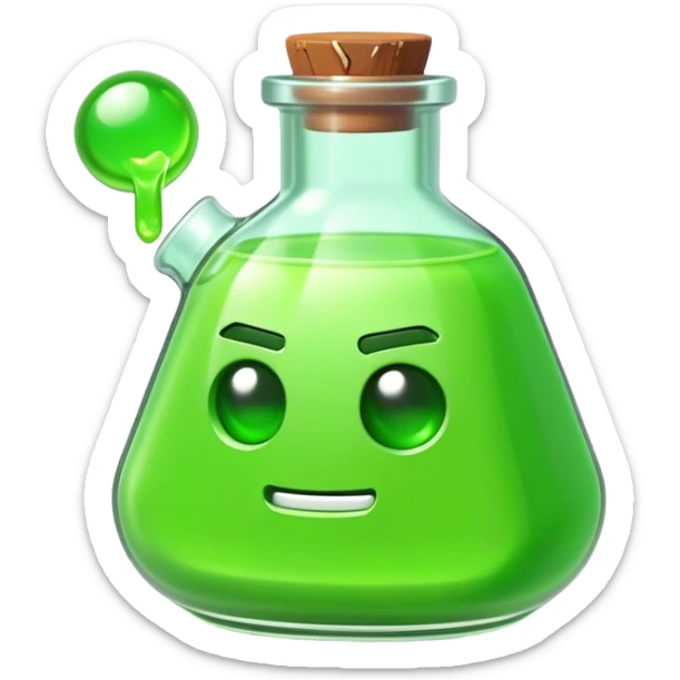 Clash of Clans aesthetic: Cinematic Playful Pixel 3D green health Potion Emoji, rendered in a 3D vector-style similar to standard emojis with minimal shading and bold, simplified shapes. A compact, distinct form with signature details, softly glowing with a pixelated adventure charm. Simplified yet unmistakably iconic, highly detailed and consistent, glowing with a soft radiance and high shine. Stylized with a touch of classic pixel-art charm and a soft glowing outline, capturing the essence of a beloved gaming relic with a friendly, playful manner! sticker