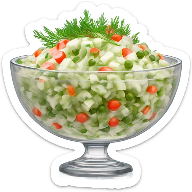 russian salad olivier on a crystal bowl, dill on top of a dish, view from the side  sticker