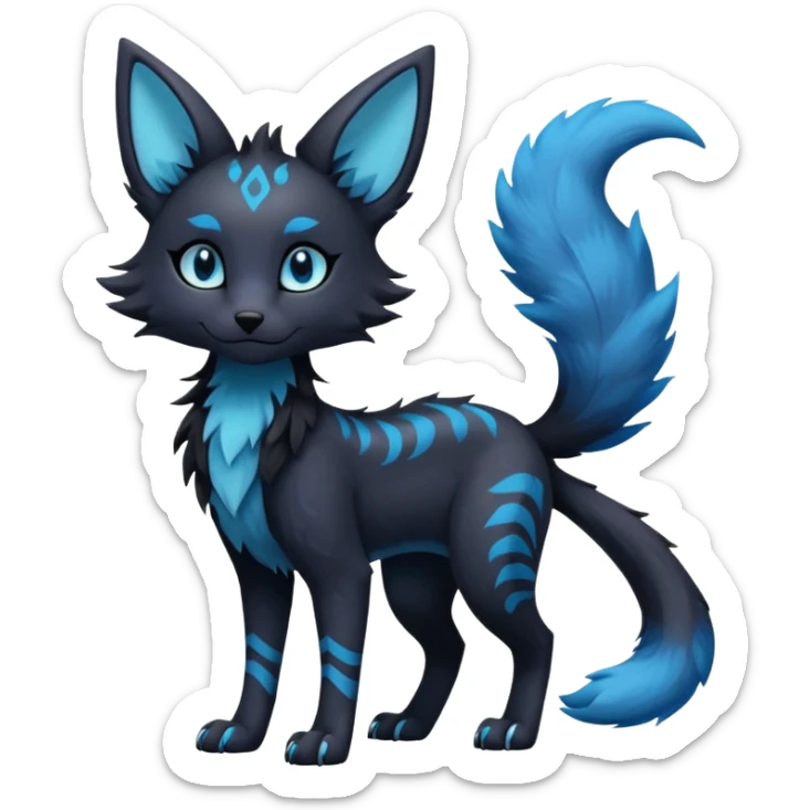 Kawaii dark edgy gloomy dusky dull-colored fantasy ethereal feline-vernid-sergal-umbreon-fursona animal creature with a tufted tail full body with intricate markings  sticker