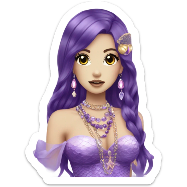 mermaid hime gyaru girl, dark purple hair, jewerly sticker