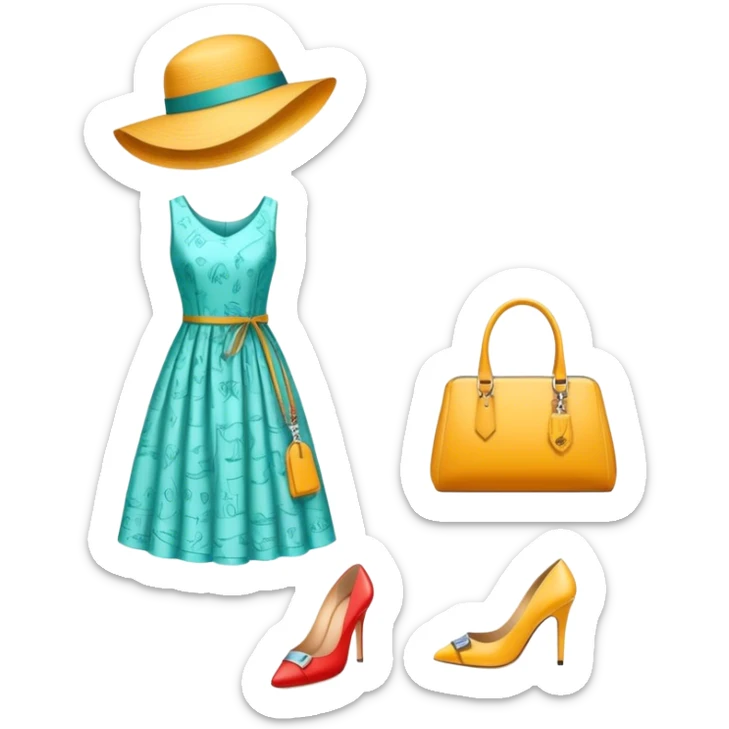 Icon for Fashion Design: a clothing pattern, a stylish hat, a bright dress, shoes, and a handbag, with measurements, a measuring tape, and a pencil. The icon should represent the creative and precise process of fashion design. Transparent background. sticker