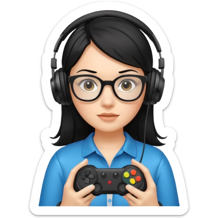 
gamer, woman shiny black hair no eyebrows with glasses, headphone, gamepad sticker
