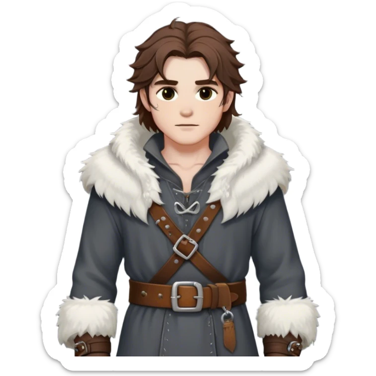 Medieval winter outfit worn by a DnD themed fantasy male character. Heavy slate gray wool tunic with wolf fur trim, featuring carved bone toggles and a wide leather belt with iron buckle. Clothes only above the waist, full waist coverage. The character has no arms. Character is white-skinned with dark copper hair, hazel eyes, and medium-length tousled hair with snow-touched strands. sticker