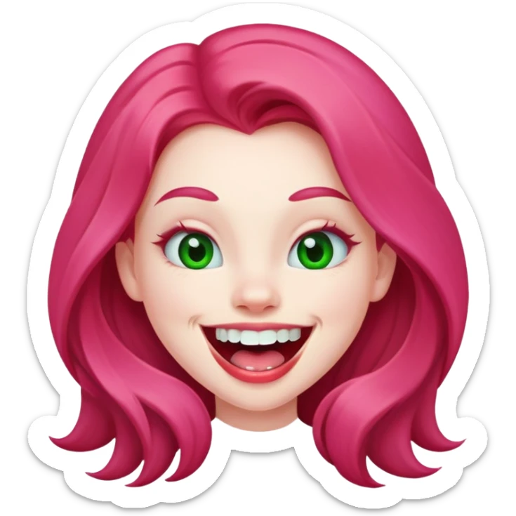 Young girl with pale skin, full pink lips smiling with big teeth, red long hair, big brown eyes with a hint of green, big mouth sticker