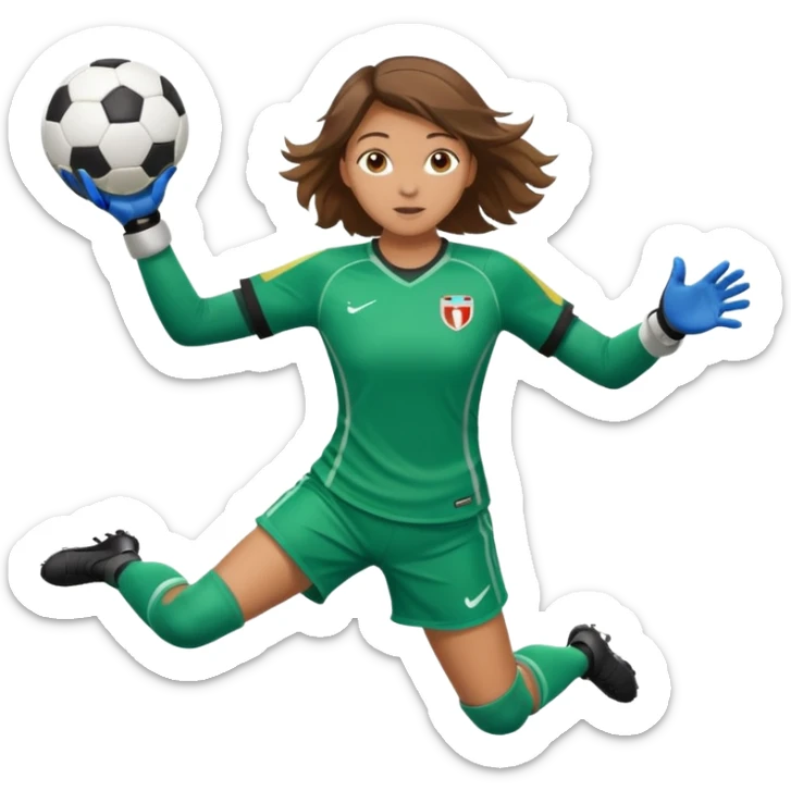 make a girl goalie diving through the air with one soccer ball in her hands sticker