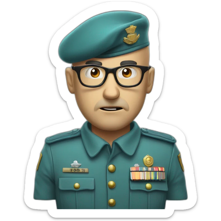 High detail cyan beret bald very angry 50 years old man with glasses no hair furious very angry frown with khaki uniform sticker
