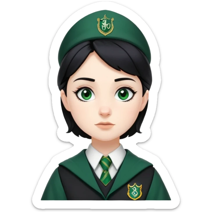 Pansy Parkinson in harry potter, wear hogwarts slytherin uniform, black hair, not wearing hat sticker