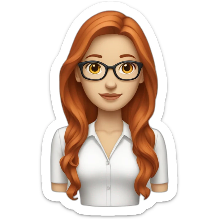 White-girl-with-long-hair-red-head-eyes-brown-wearing-glasses-blouse-formal-white sticker