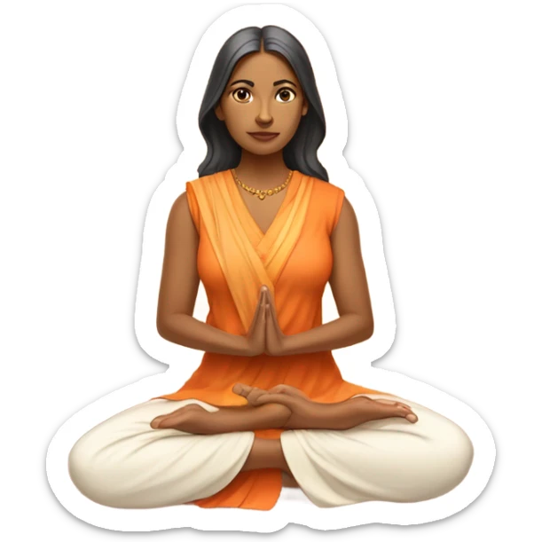 an  Indian woman, sleeveless pastel shirt
 yogi with a peaceful and meditative expression. The character should be wearing an orange robe, symbolizing traditional yogic attire. The yogi can be sitting in a lotus position sticker