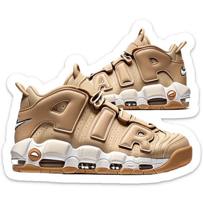 Minimalist pair of beige Nike Air More Uptempo sneakers side by side, clean simple design with AIR lettering on sides sticker