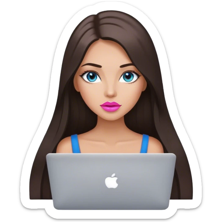 Glamours tanned very beautiful girl with pump pink-beige lips and dark chocolate straight smooth long hair, blue-grey eyes with MacBook sticker