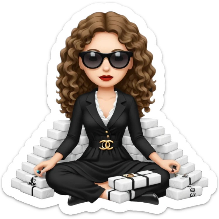 Female drug boss with long curly brown hair,  sitting on a pile of cocaine, sunglasses on and wearing black low cut long Chanel dress sticker