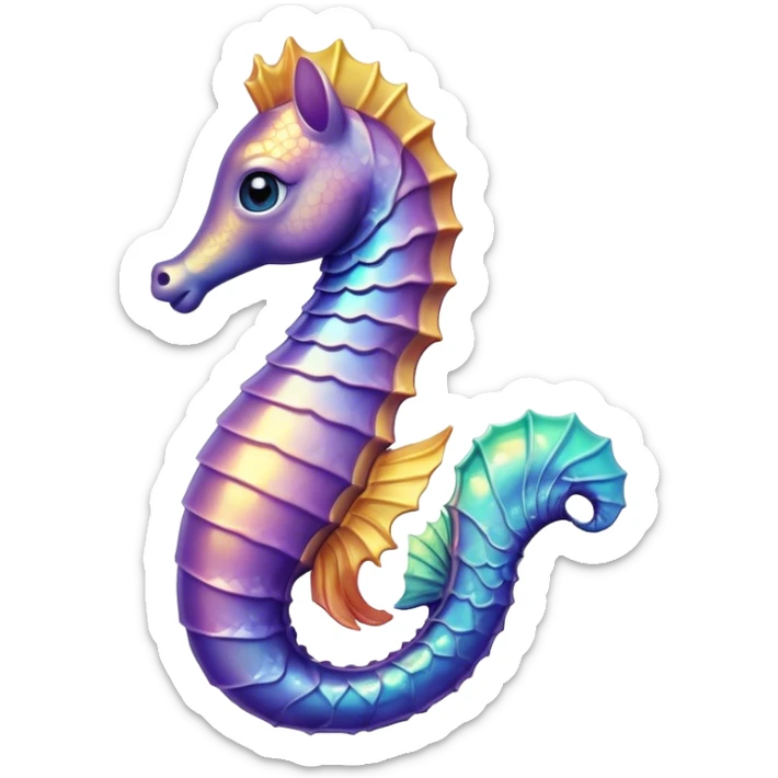 Cinematic Realistic Cute Sea Horse Portrait Emoji, Head tilted playfully and inquisitively, featuring a delicate, curvaceous form with intricately rendered, iridescent scales and a charming, expressive face with round, sparkling eyes full of gentle curiosity, high shine, affectionate and whimsical, styled with a touch of aquatic magic, soft glowing outline, capturing the essence of a mischievous yet lovable sea horse that seems poised to flutter out of the screen into your embrace! sticker