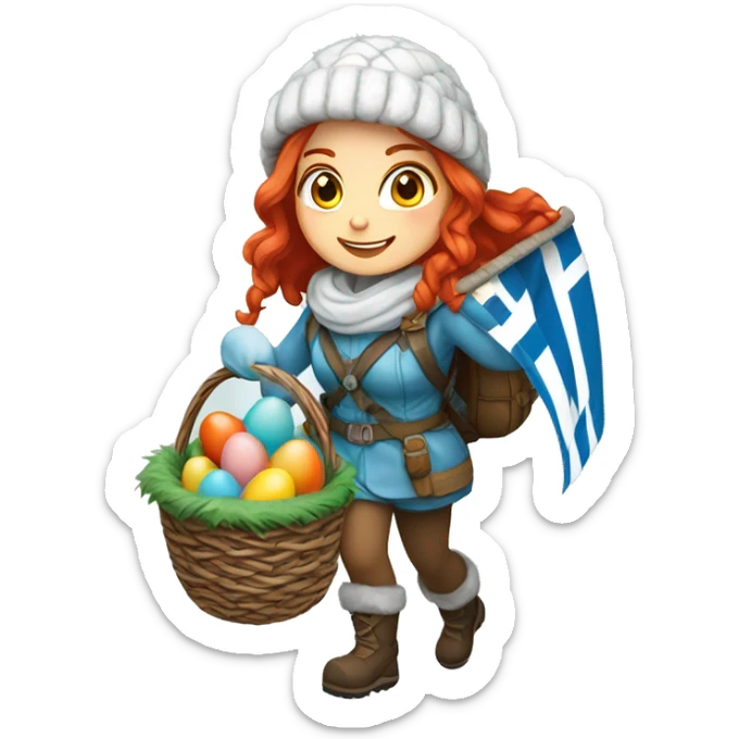 Female winter mountaineer red hair white skin climbing with Greek Flag and Easter eggs basket sticker