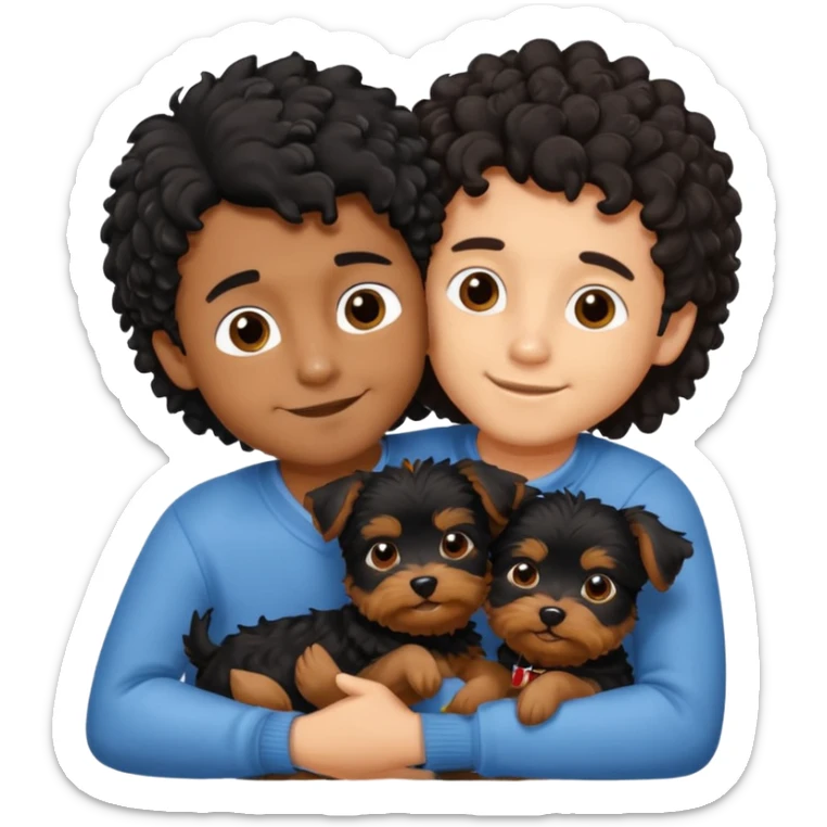 Young man with little brown skin, black curly hair, cheerful dark brown eyes, hugging two Yorkie dogs long hair sticker