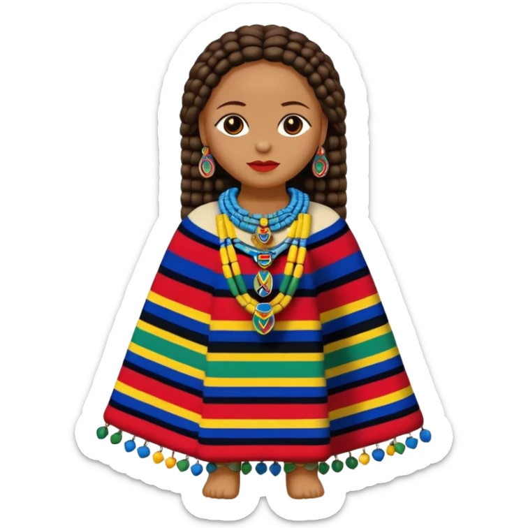 Traditional Ndebele doll standing, colorful beaded jewelry, layered necklaces, patterned blankets, cylindrical body, round head, bright colors blue red yellow green white black, classic Apple emoji style sticker