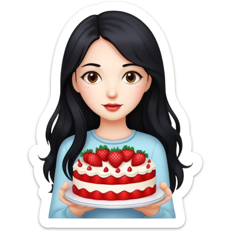 Beautiful girl with long black hair holding a strawberry cake sticker