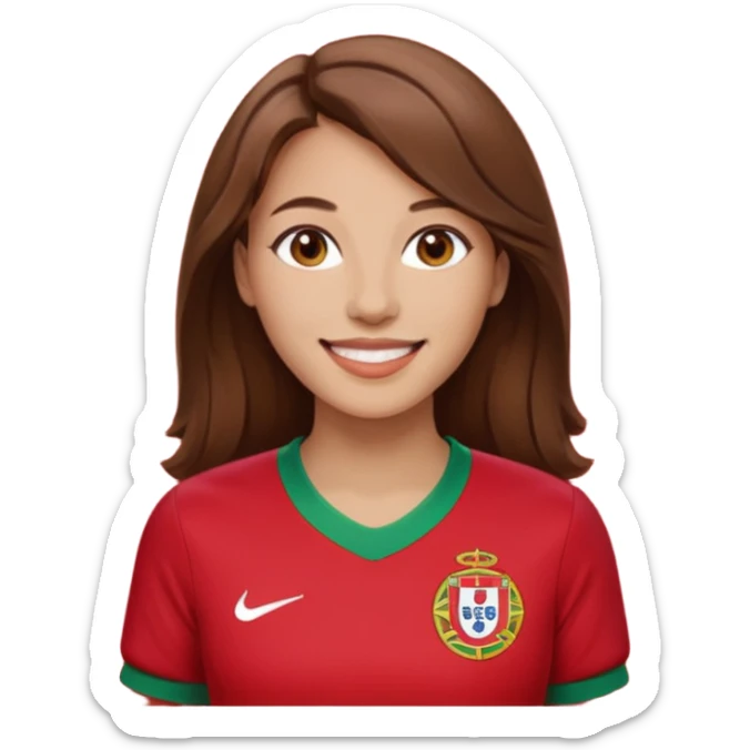 Une femme brune cheveux un peu long et qui a un maillot du portugal sticker