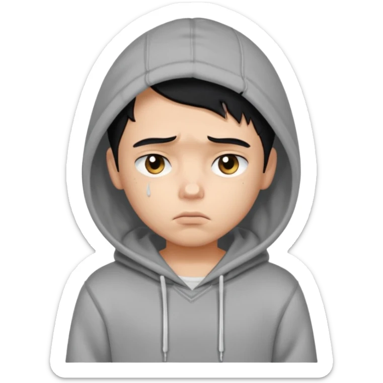 a pretty bratz boy with black hair and a grey hoodie looking sad sticker
