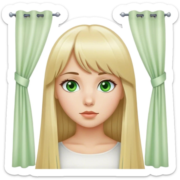 Beautiful Russian girl, green eyes, blond long straight hair, slightly long bangs with a curtain sticker