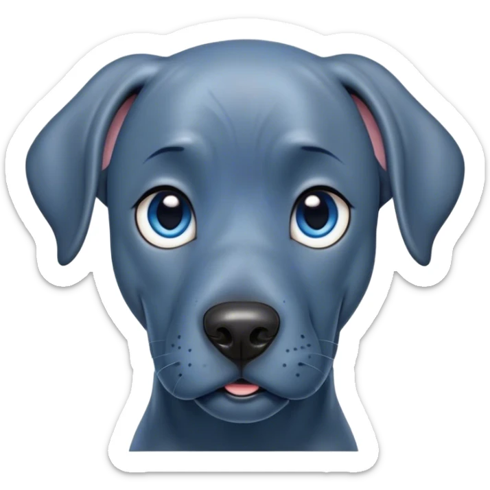 Cinematic Cute Blue Great Dane Portrait Emoji, Head tilted playfully and inquisitively, featuring a glossy blue Fur with a refined sheen, round, sparkling steel-blue eyes filled with curiosity, Simplified yet irresistibly adorable features, highly detailed, glowing with a warm, friendly glow, high shine, affectionate and gentle, stylized with a touch of whimsy, bright and endearing, soft glowing outline, capturing the essence of a mischievous yet loving pup, so playful it feels like it could lumber out of the screen and into your arms! sticker