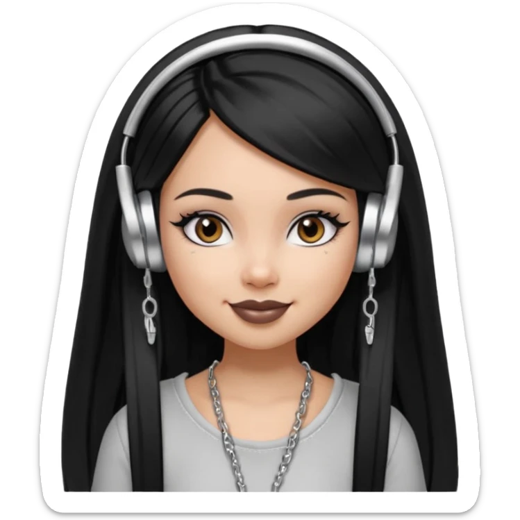 generate a pretty bratz girl with black long straight hair and silver headphones on, brown lipstick tattoo on shoulder, eyeliner on, silver hoops sticker