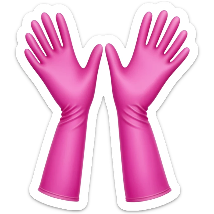pair of bright rubber gloves with long cuffs and slightly curved fingers, suggesting flexibility and grip, vibrant pink color, soft matte finish, gentle creases indicating use, no sponge, soap, or sink, soft lighting, subtle shadows, emoji scale sticker