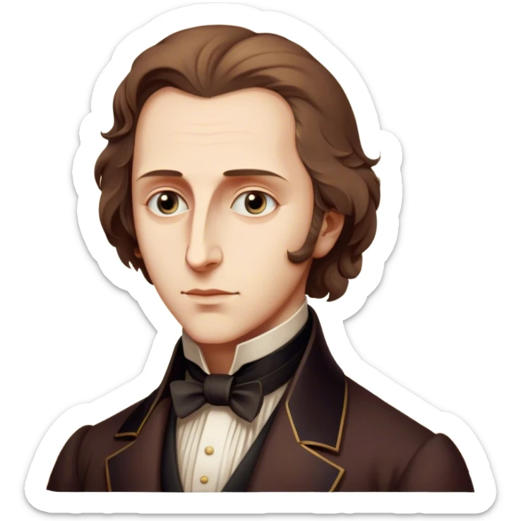 Cinematic Realistic Chopin Portrait Emoji, depicted as an introspective composer with expressive eyes and period attire, rendered with rich textured detail and soft classical lighting that captures his emotive musical genius. sticker