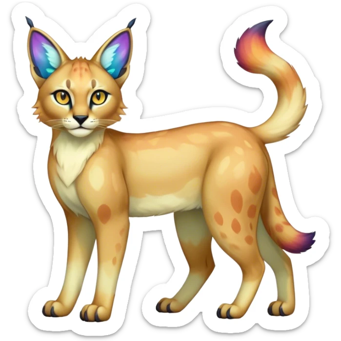 An iridescent transparent luminescent colorful fantasy-lynx-caracal-serval-fakemon-creature-hybrid full body sticker