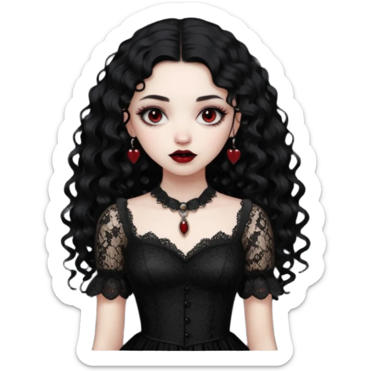 A girl with a dark red goth vampire look in a black goth lace dress with long sleeves longer black curly hair sticker