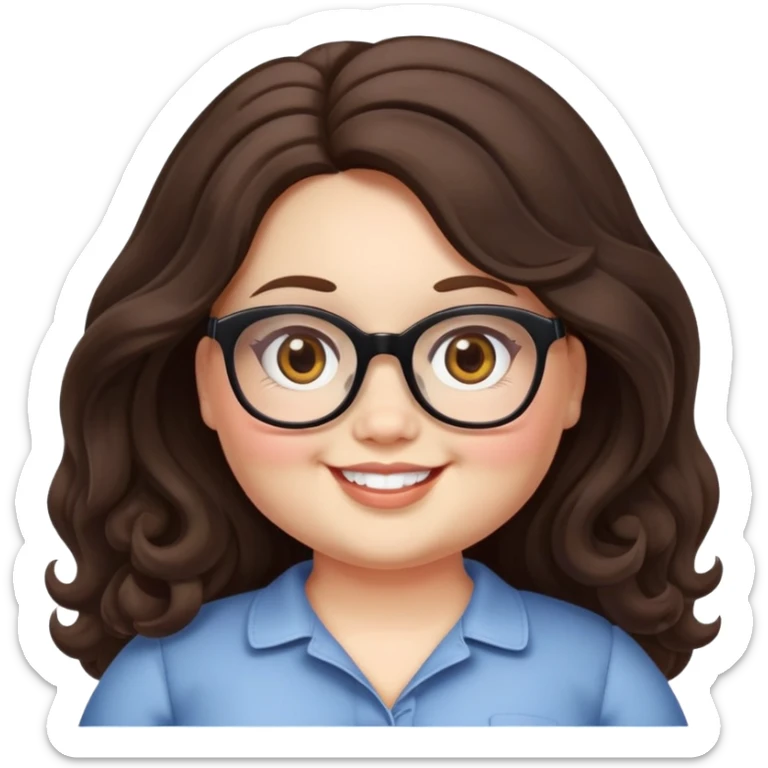  woman, long dark brown wavy hair, very light fair skin, hazel eyes, glasses, very chubby, doll style face,  sticker