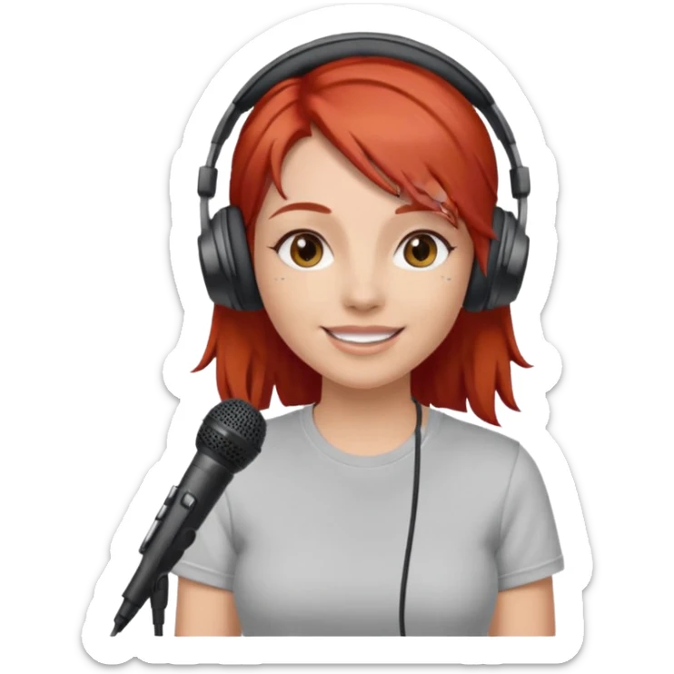 Female, happy, wearing headphone having mic, t-shirt, red hair
 sticker