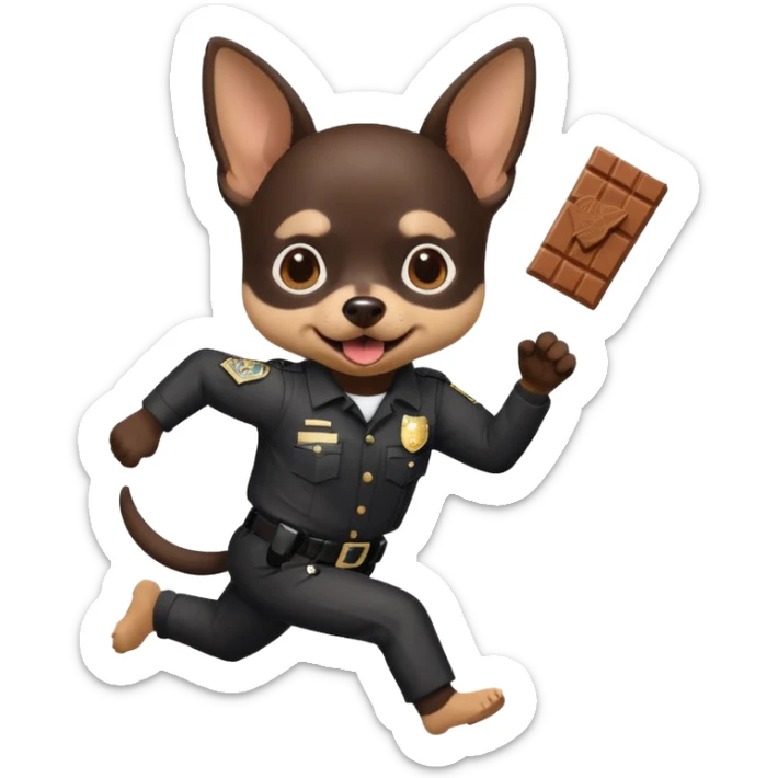 black chihuahua with white and black prison suit running from police with chocolate in its mouth sticker
