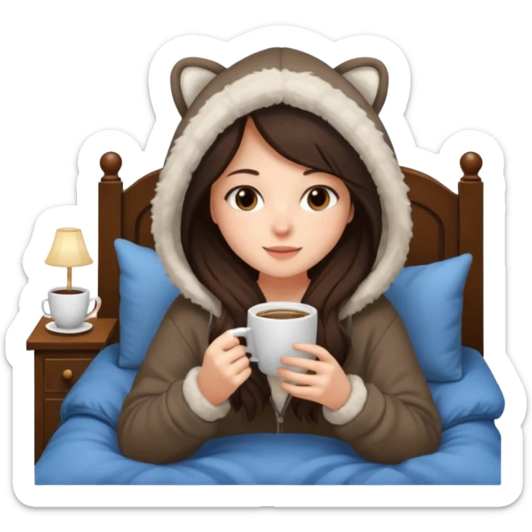 a brunette girl sitting cozily in her bed and a fur hoodie sipping coffee sticker
