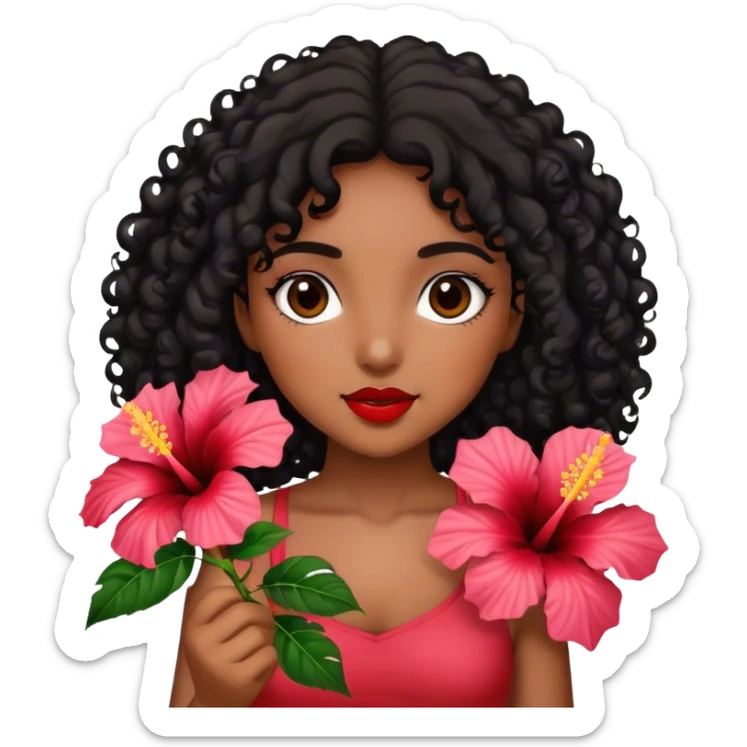 Girl with brown skin with black curly hair holding hibiscus flowers sticker