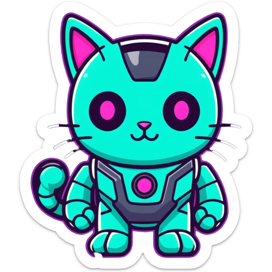 Robot cat saying : the betterment of the world can be accomplished through pure and goodly deeds in neon text sticker