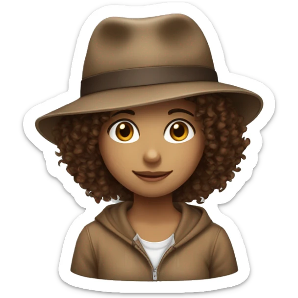 girl with brown curly hair, brown eyes, this hat 🎓 and next to it this animal 🐆 sticker