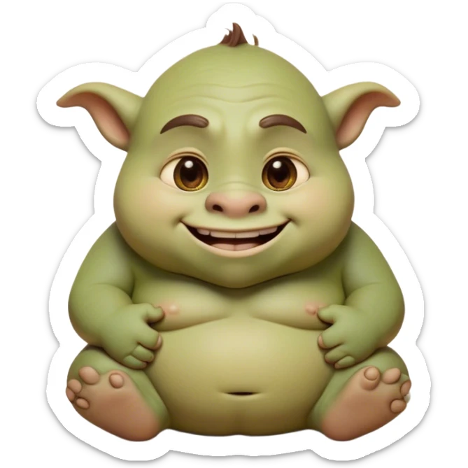 Cinematic Cute Ogre Portrait Emoji, with a surprisingly endearing, plump and huggable figure in soft earthy greens and browns, featuring big, kind eyes and a bashful smile, simplified yet irresistibly adorable, highly detailed with a soft glowing outline that captures the charm of a friendly giant who seems ready for a warm hug! sticker